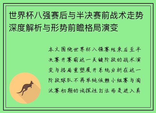 世界杯八强赛后与半决赛前战术走势深度解析与形势前瞻格局演变